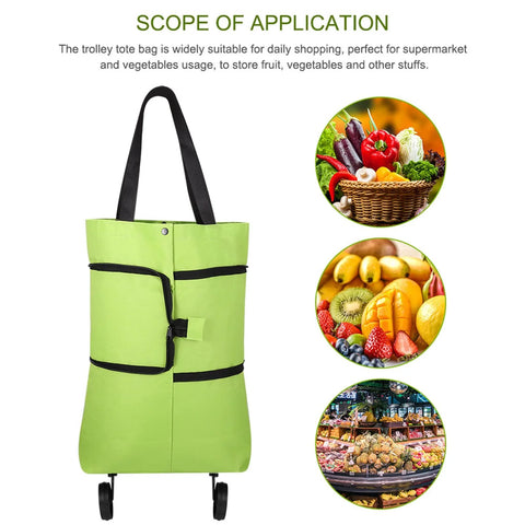 2 In 1 Foldable Shopping Cart With Wheels And Waterproof Tote, green portable grocery cart with images of fruits and vegetables