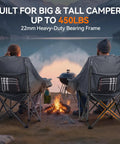 Two Pack Oversized Heavy Duty Camping Chairs Padded And Foldable With Cup Holder And Cooler Bag Portable Lawn Chairs For Sports And Outdoors Supports Up To 450 Lbs Grey, set by a lakeside campfire