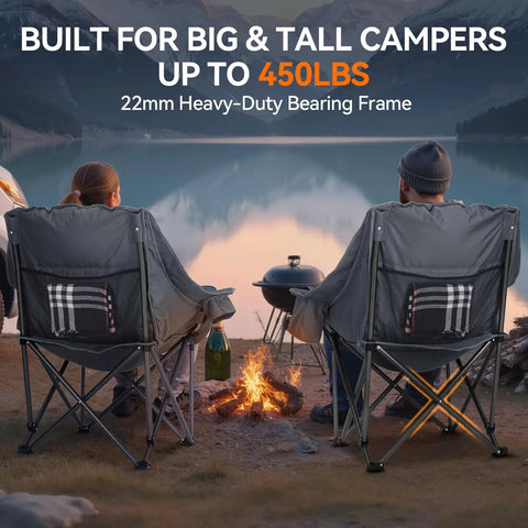 Two Pack Oversized Heavy Duty Camping Chairs Padded And Foldable With Cup Holder And Cooler Bag Portable Lawn Chairs For Sports And Outdoors Supports Up To 450 Lbs Grey, set by a lakeside campfire