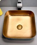 Slick Above Counter Vessel Sink For Modern Bathroom Vanity. 420mm premium porcelain ceramic art basin with gold interior.