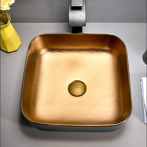 Slick Above Counter Vessel Sink For Modern Bathroom Vanity. 420mm premium porcelain ceramic art basin with gold interior.