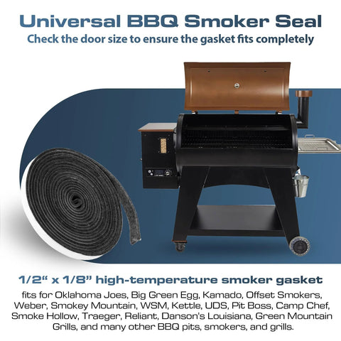 Smoker gasket roll LavaLock, 1/2 in x 1/8 in high-temp, 15 ft self-stick for BBQ grills, coiled beside a smoker