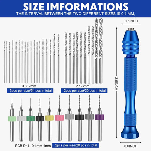 Blue Pin Vise Hand Drill Set With 74 Micro Twist Drill Bits And 20 PCB Mini Bits For Resin Polymer Clay Craft DIY Jewelry Making 95 Piece Micro Drill Bit Set showing sizes and bits.