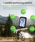 GPS Bike Computer With Auto Backlight For Road And Mountain Riding Wireless Cycling Computer displayed with cyclist on trail, highlighting satellite systems.