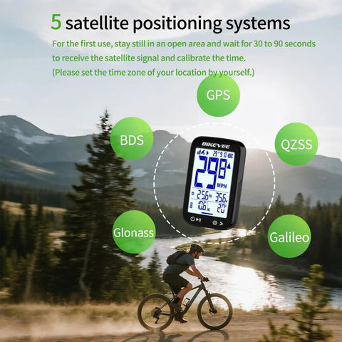 GPS Bike Computer With Auto Backlight For Road And Mountain Riding Wireless Cycling Computer displayed with cyclist on trail, highlighting satellite systems.