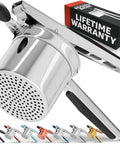 Large 15oz Potato Ricer And Stainless Steel Masher For Smooth Fluffy Mash Potatoes Quick Press No Fuss Mash Kitchen Gadget displayed on a box.