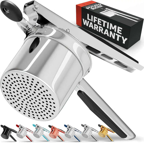 Large 15oz Potato Ricer And Stainless Steel Masher For Smooth Fluffy Mash Potatoes Quick Press No Fuss Mash Kitchen Gadget displayed on a box.