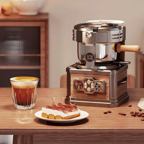 Home And Cafe Coffee Bean Roaster With Eight Heat Settings Dead Quiet Operation Precise Temperature Control sitting on a table with coffee.