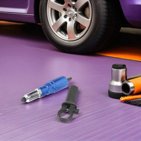 Ergo Rivet Drill Attachment For Cordless Power Drill Kit With Aluminum Alloy Build, Precise Grip Control And Comfortable Handle For Fast Workshop Projects And Machinery Repairs on car wheel repair setup