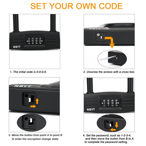 Instruction steps for setting combination on Heavy Duty U Lock With Resettable Combination For Bikes Motorcycles Gates And Office Doors, Long Shackle Security Lock In Black With Zinc And PVC Construction, 13.78 x 4.7 x 1.1 Inches.