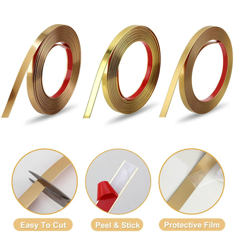 Kick Up Your Rooms With Matte Gold Peel And Stick Molding Trim, Super Slick DIY Decorative Edge Strip For Walls Ceilings Cabinets, Easy mirror baseboard install shown in rolls.