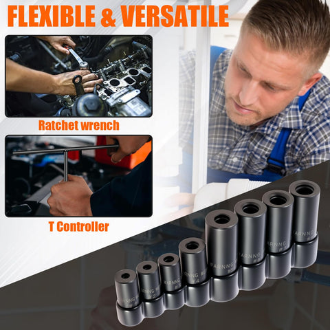 8 Piece Tap And Die Socket Adapter Set For Tight Spots 1/4 Inch And 3/8 Inch Taps Holder Sockets Kit in use with ratchet wrench and T Controller