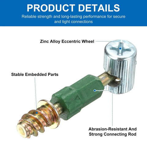 Top Shelf Cam Locking Screws And M6x34mm Furniture Connector Kit With Rock Solid Dowel Pins For Hassle Free Cabinet Assembly And Table Splicing Setup Green Color 25 Pack Bundle showing zinc alloy eccentric wheel and connecting rod.