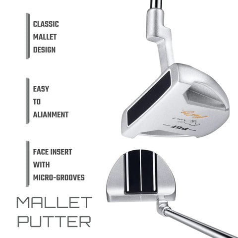 Mustang MK7 14 Piece Complete Golf Club Package Set For Righties showing a mallet putter with classic design and micro-grooves