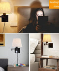 Must Have Bedside Wall Lamp With Dimmable Switch And USB Outlet Swing Arm Fabric Shade Sconce In Black For Bedroom Living Room Or Hotel Plug In Cord Included on bedside with woman reading