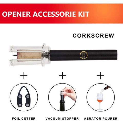 Image of Air Pressure Pump Corkscrew Set All In One With Foil Cutter And Aerator Pourer Vacuum Stoppers Four Pack Easy One Hand Operation Simple Cork Remover Efficient Wine Opener Tools Great Gift For Wine Lovers with components displayed.