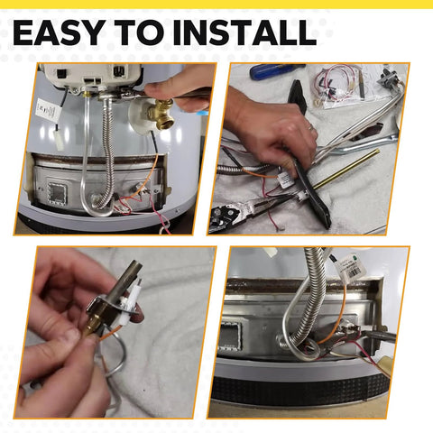 Water heater thermopile replacement kit for Rheem, Ruud, Richmond; shows wiring, gas valve connections, hardware