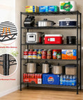 Five Tier Heavy Duty Wire Storage Shelves For Garage, Space Saving Unit With 1000 Lbs Capacity, Wide 45.8 Inch Shelving Rack, Easy Move Through Doorways, Sturdy Metal Garage Organizer For Tools, Supplies, And More. five-tier wire shelving rack in kitchen with pantry items and cookware
