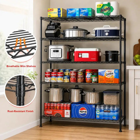 Five Tier Heavy Duty Wire Storage Shelves For Garage, Space Saving Unit With 1000 Lbs Capacity, Wide 45.8 Inch Shelving Rack, Easy Move Through Doorways, Sturdy Metal Garage Organizer For Tools, Supplies, And More. five-tier wire shelving rack in kitchen with pantry items and cookware