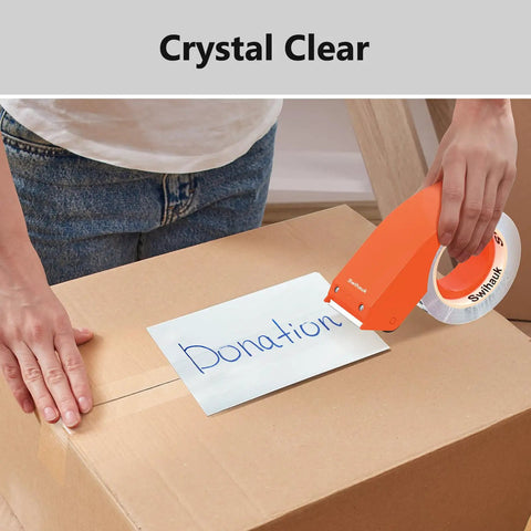 Using Heavy Duty Clear Packing Tape With Dispenser Set 1 Roll Plus Dispenser Beefy Water Based Adhesive on cardboard box