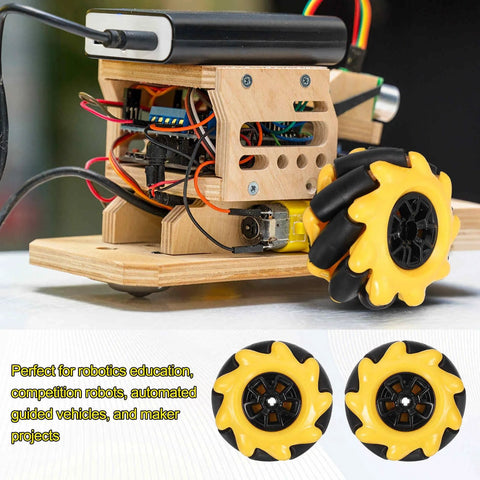 Two yellow Mecanum wheels with black hubs, 48mm diameter, ABS rubber for DIY robot cars (2-pack)