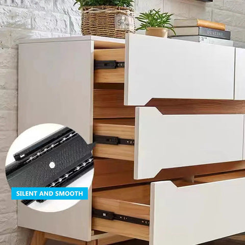 Tough As Nails Heavy Duty Drawer Slides For Cabinets And Dressers With Full Extension Ball Bearing Side Mount Rails 8 To 18 Inch 80 Lb Per Pair Capacity Three Section Telescoping Glides For Smooth Quiet Operation installed in white dresser.