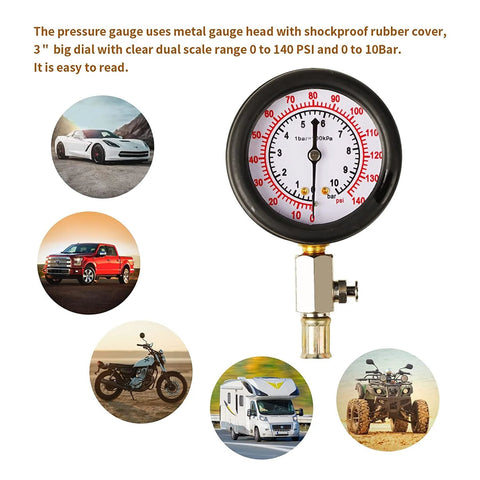 Front view of oil pressure gauge tool with red 0–140 psi dial and brass fittings.
