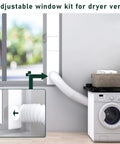 Dryer Vent Window Kit For 4 Inch Hose Adjustable Sliding Vent With Insulating Foam Seal Tape shown in apartment laundry room