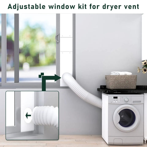 Dryer Vent Window Kit For 4 Inch Hose Adjustable Sliding Vent With Insulating Foam Seal Tape shown in apartment laundry room