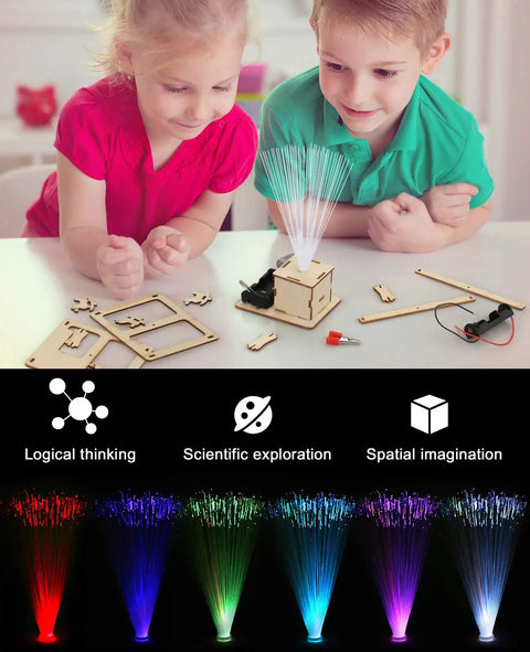 Children assembling fiber optic lamp from 4 In 1 STEM Kit For Kids Ages 6 13 Build A Ferris Wheel Carousel Fiber Optic Lamp And Starry Night Light Hands On Science Toys For Boys And Girls Cool Birthday Gift, with colorful light effects.