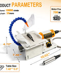 Lapidary Saw Kit For Cutting Rocks And Stones machine with specifications including 750W motor and adjustable work table size. 