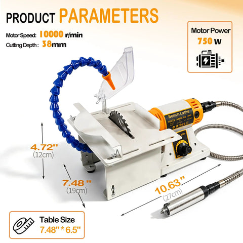 Lapidary Saw Kit For Cutting Rocks And Stones machine with specifications including 750W motor and adjustable work table size. 