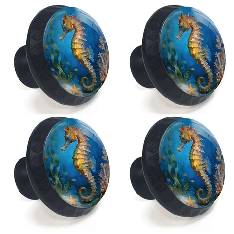 Four Pack Blue Seahorse Cabinet Knobs For Kitchen And Bath, Ocean Theme Drawer Pulls With Coral And Starfish Detail