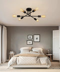 Black Modern Sputnik Chandelier Ceiling Light Fixture 6 Lights Industrial Metal Semi Flush Mount in bedroom setting