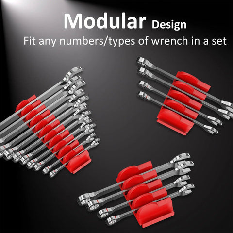 Magnetic Modular Wrench Organizer Set For Tool Drawers with red finish, shown holding multiple wrenches organized in racks.