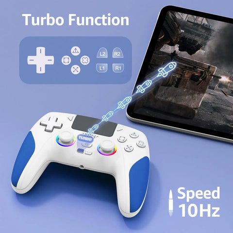 Wireless PS5 Gamepad With Hall Effect Joysticks And Two Back Buttons showing turbo function with tablet in background