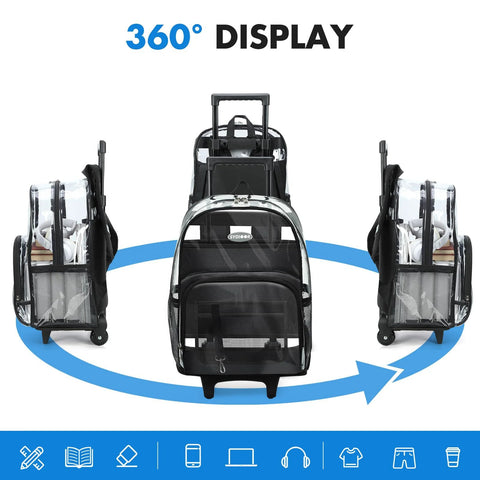 Transparent Rolling Backpack With Wheels And Three Stage Telescopic Handle Heavy Duty See Through Bookbag front and side views