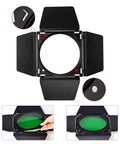 Heavy Hitter Seven Inch Barn Door Lighting Kit With Adjustable Honeycomb Grid And Four Pumped Up Color Gel Filters For Dialing In Crisp Beams on a black background with a green color gel filter displayed.