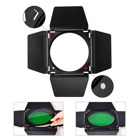 Heavy Hitter Seven Inch Barn Door Lighting Kit With Adjustable Honeycomb Grid And Four Pumped Up Color Gel Filters For Dialing In Crisp Beams on a black background with a green color gel filter displayed.