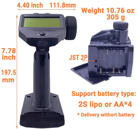 10 Channel RC Transmitter And Receiver Set With 2.4GHz SKY Tech dimensions and battery compartment detail.
