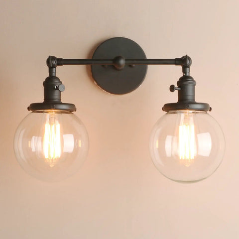 Two Light Vintage Wall Sconces With On Off Switch Globe Glass Vanity Bathroom Light Fixtures Industrial Style Wall Lighting For Living Room And Bedroom E26 Base 110 220V