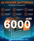 2x 21V 6.0Ah batteries for Cordless 13 Inch String Trimmer Weed Wacker with multiple protection features depicted.