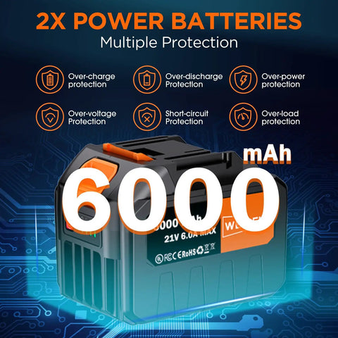 2x 21V 6.0Ah batteries for Cordless 13 Inch String Trimmer Weed Wacker with multiple protection features depicted.