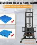 KAIXUN Semi Electric Pallet Stacker 2200Lbs Capacity 118Inch Lift Height showing adjustable base and fork widths for various pallets.