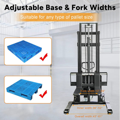 KAIXUN Semi Electric Pallet Stacker 2200Lbs Capacity 118Inch Lift Height showing adjustable base and fork widths for various pallets.