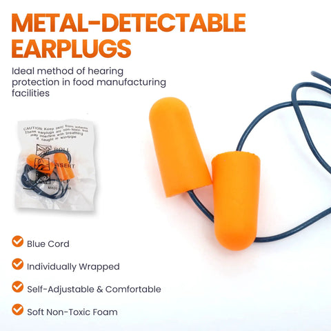 Detectable Foam Earplugs 50 Pairs NRR 32dB With Detectable Cord For Food Service Industry Pharmaceutical Pulp And Paper Sectors