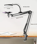 Overhead USB Ring Light Camera Mount With Flexible Arm Stand, 6 Inch Dimmable Ring Light on desk, showing dimensions and clamp