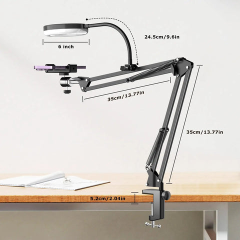 Overhead USB Ring Light Camera Mount With Flexible Arm Stand, 6 Inch Dimmable Ring Light on desk, showing dimensions and clamp
