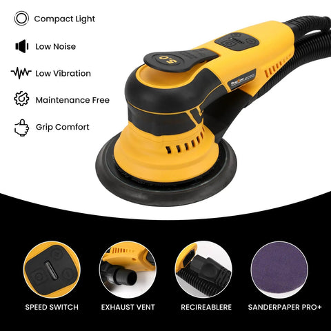 Kickin Up Dust Free Surfaces With This Beefy Electric Random Orbital Sander That Features Shop Vac Hookup Plug In Cord And Sharp Ceramic Discs For Tight Woodworking Jobs. Close-up of sander's user-friendly controls and dust collection hose.