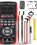 2 In 1 Oscilloscope Multimeter With 2.8 Inch IPS Display and accessories, showing red and black probes, 9999 counts display.